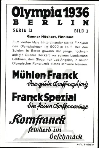 Sammelbild Olympia 1936, Serie 12 Bild 3, 5000m Lauf, Gunnar Höckert, Finnland, Franck Kaffee