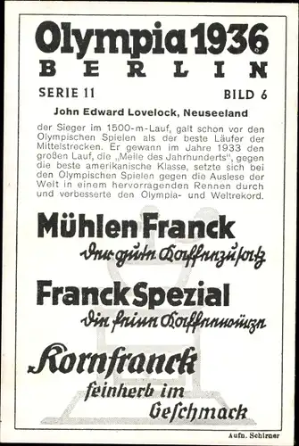 Sammelbild Olympia 1936, Serie 11 Bild 6, J. E. Lovelock, Läufer, Neuseeland, Franck Kaffee