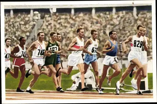 Sammelbild Olympia 1936, Serie 11 Bild 5, 1500m Lauf der Männer, Lovelock, Cunningham, Beccali