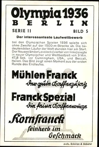 Sammelbild Olympia 1936, Serie 11 Bild 5, 1500m Lauf der Männer, Lovelock, Cunningham, Beccali