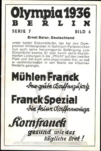 Sammelbild Olympia 1936, Eiskunstläufer Ernst Baier, Mühlen Franck Kaffeezusatz