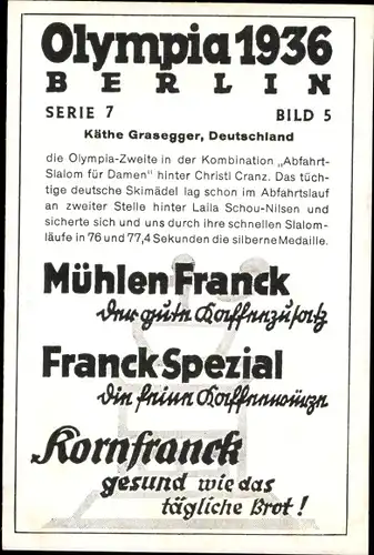 Sammelbild Olympia 1936, Skifahrerin Käthe Grasegger, Mühlen Franck Kaffeezusatz