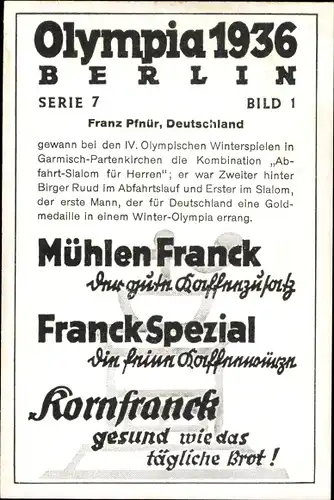 Sammelbild Olympia 1936, Skifahrer Franz Pfnür, Mühlen Franck Kaffeezusatz