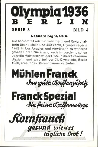 Sammelbild Olympia 1936, Leonore Kight, Schwimmerin, Mühlen Franck Kaffeezusatz