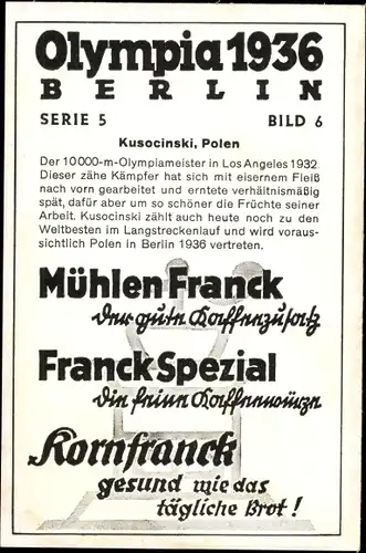 Sammelbild Olympia 1936, Kusocinski, Läufer, Mühlen Franck Kaffeezusatz