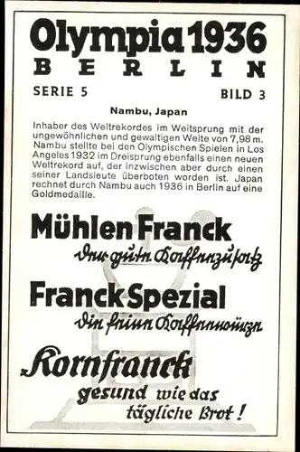 Sammelbild Olympia 1936, Nambu, Weitspringer, Mühlen Franck Kaffeezusatz