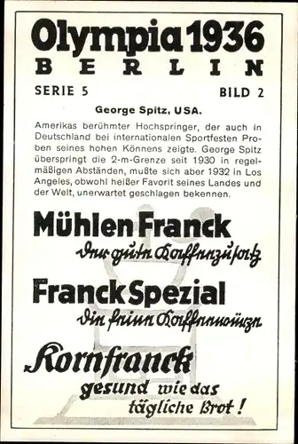 Sammelbild Olympia 1936, George Spitz, Hochspringer, Mühlen Franck Kaffeezusatz