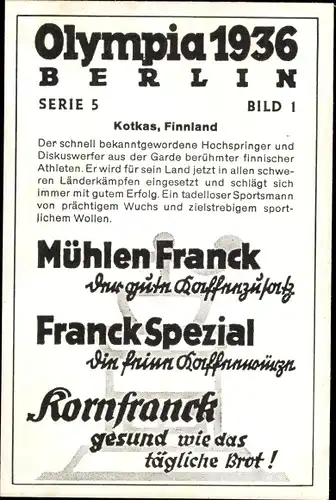 Sammelbild Olympia 1936, Kotkas, Hochspringer, Mühlen Franck Kaffeezusatz