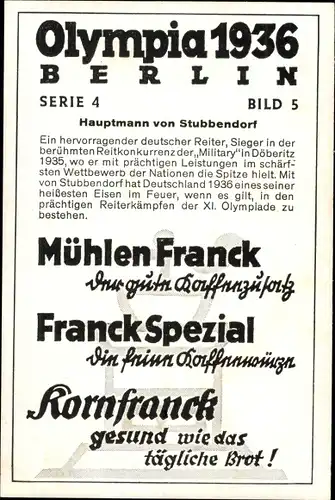 Sammelbild Olympia 1936, Hauptmann von Stubbendorf, Reiter, Mühlen Franck Kaffeezusatz