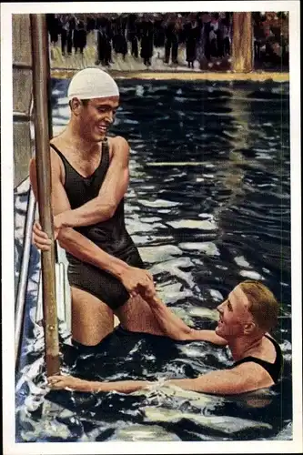 Sammelbild Olympia 1936, Otto Wille und Helmuth Fischer, Schwimmer, Mühlen Franck Kaffeezusatz