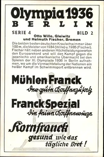 Sammelbild Olympia 1936, Otto Wille und Helmuth Fischer, Schwimmer, Mühlen Franck Kaffeezusatz