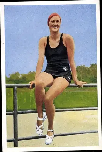 Sammelbild Olympia 1936, Hertha Schieche, Schwimmerin, Mühlen Franck Kaffeezusatz