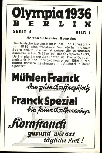 Sammelbild Olympia 1936, Hertha Schieche, Schwimmerin, Mühlen Franck Kaffeezusatz