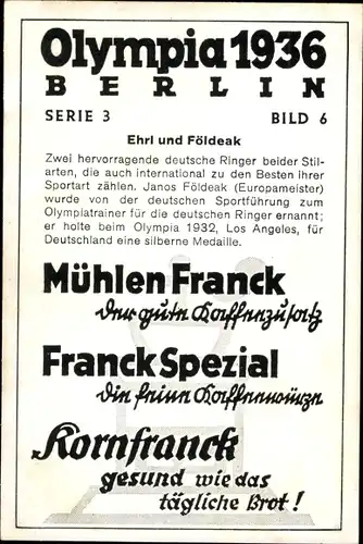 Sammelbild Olympia 1936, Ehrl und Földeak, Ringkampf, Mühlen Franck Kaffeezusatz