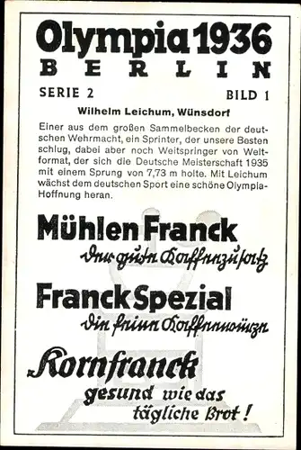 Sammelbild Olympia 1936, Wilhelm Leichum, Weitspringer, Mühlen Franck Kaffeezusatz