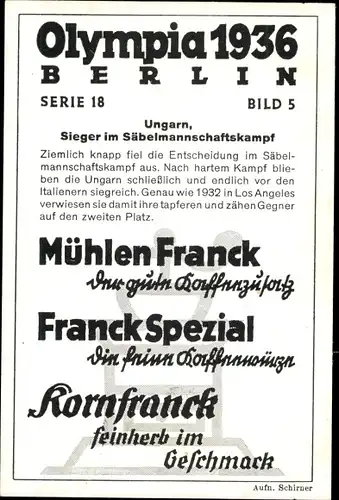 Sammelbild Olympia 1936, Serie 18 Bild 5, Säbelmannschaft Ungarn, Franck-Kaffee