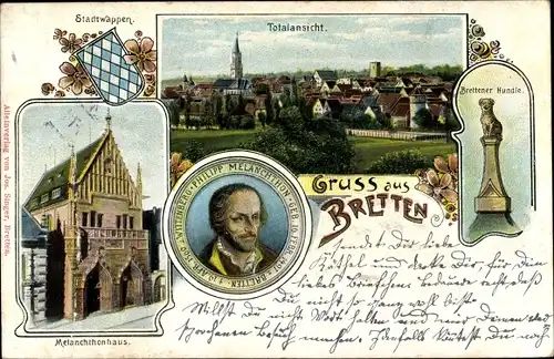 Litho Bretten in Baden, Philipp Melanchthon, Melanchthonhaus, Brettener Hundle, Wappen