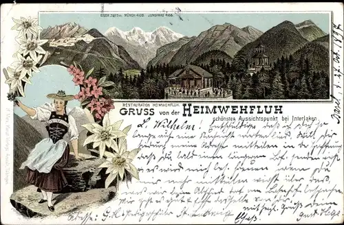 Litho Interlaken Kanton Bern Schweiz, Heimwehfluh, Restauration, Eiger, Mönch, Jungfrau, Tracht