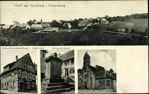Ak Grunbach Neuenburg Engelsbrand Schwarzwald, Kolonialwarenhandlung, Kriegerdenkmal, Kirche