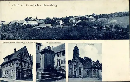 Ak Grunbach Neuenburg Engelsbrand Schwarzwald, Kolonialwarenhandlung, Kriegerdenkmal, Kirche