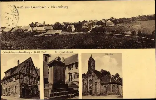 Ak Grunbach Neuenburg Engelsbrand Schwarzwald, Kolonialwarenhandlung, Kriegerdenkmal, Kirche