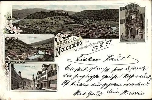 Litho Neuenbürg im Schwarzwald Württemberg, Hauptstraße, Vorstadt, Totalansicht