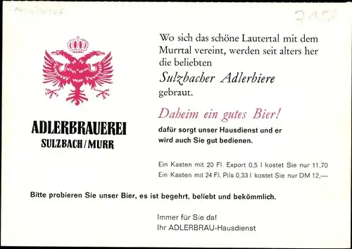 Ak Sulzbach an der Murr, Adlerbrauerei, Sulzbacher Adlerbiere