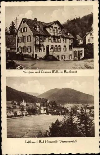 Ak Bad Herrenalb im Schwarzwald, Metzgerei und Pension, Blick auf den Ort