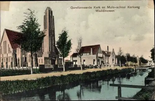 Ak Waddinxveen Südholland, Geref. Kerk en Mulo-school Kerkweg