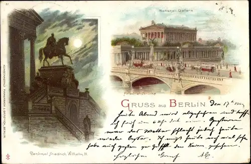 Mondschein Litho Berlin Mitte, National-Gallerie, Denkmal Friedrich Wilhelm IV.