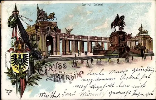 Litho Berlin Mitte, National Denkmal, Kaiser Wilhelm auf einem Pferd, Arkaden, Stadtwappen