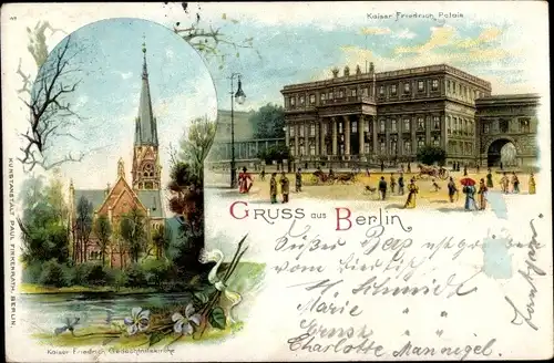 Litho Berlin Mitte, Kaiser Friedrich Gedächtniskirche, Palais, Passanten