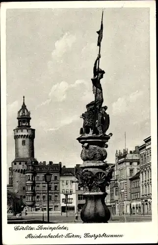 Ak Görlitz in der Lausitz, Partie am Leninplatz, Reichenbacher Turm, Georgbrunnen