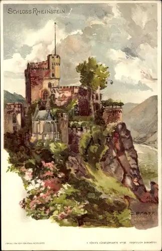 Künstler Litho Pfaff, C., Trechtingshausen am Rhein, Blick auf das Schloss Rheinstein