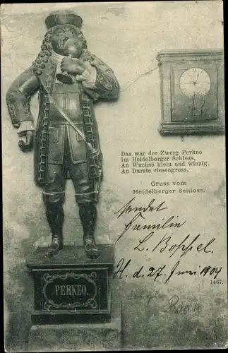 Ak Heidelberg am Neckar, Reim und Statue zu Zwerg Perkeo, Uhr