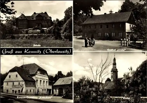 Ak Kemnitz Bernstadt auf dem Eigen, Schule, Gasthof Lindel, Konsum Gaststätte Kretscham, Kirche