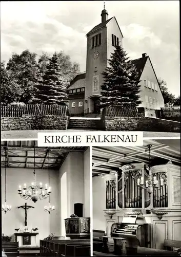 Ak Falkenau Flöha in Sachsen, evangelische Kirche, Altarkreuz und geschnitzte Kanzel