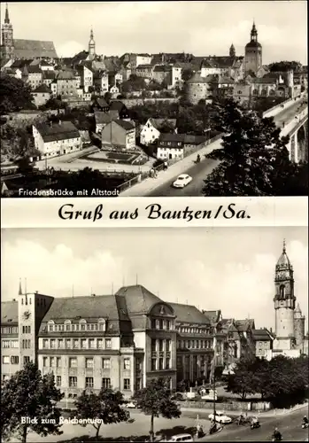 Ak Bautzen in der Oberlausitz, Friedensbrücke mit Altstadt, Blick zum Reichenturm