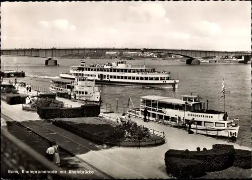 Ak Bonn am Rhein, Rheinpromenade mit Rheinbrücke, Anleger, Schiff Siebengebirge