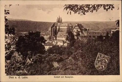 Ak Diez an der Lahn, Schloss mit Rezeptur, Wappen