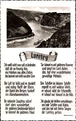 Ak Sankt Goarshausen am Rhein, Loreley, Gedicht, Panorama, Schiff