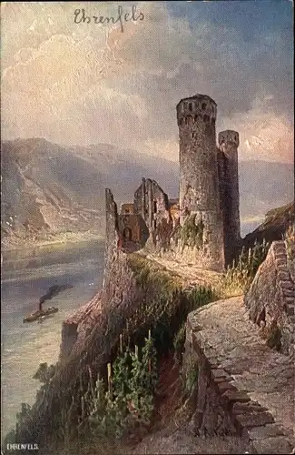 Künstler Ak Rüdesheim am Rhein, Ehrenfels, Ruine, Dampfer