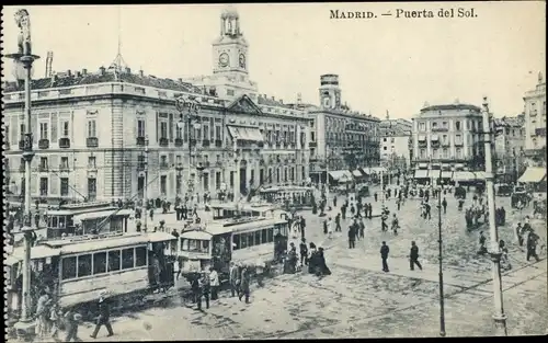 Ak Madrid Spanien, Puerta del Sol, tranvía