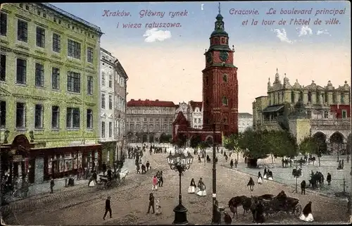 Ak Kraków Krakau Polen, Glowny rynek i wieza ratuszowa
