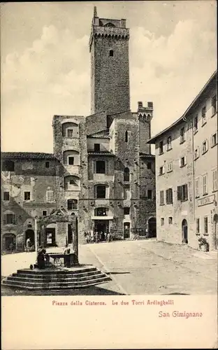 Ak San Gimignano Toskana Italien, Piazza della Cisterna, Turm