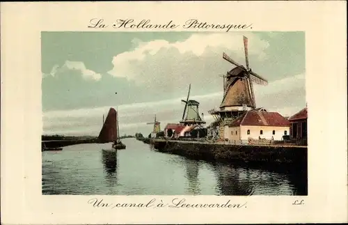 Passepartout Ak Leeuwarden Friesland Niederlande, Un canal, Windmühlen