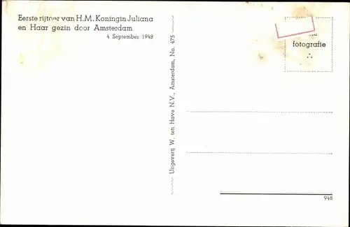 Ak Königin Juliana der Niederlande, Prinz Bernhard, Beatrix, Irene, Amsterdam 4. September 1948