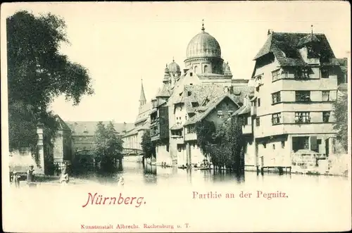 Ak Nürnberg in Mittelfranken Bayern, Partie an der Pegnitz, Synagoge, Insel Schütt