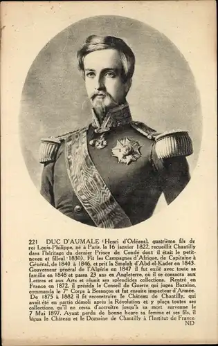 Ak Duc d'Aumale, Henri d'Orleans, Portrait in Uniform