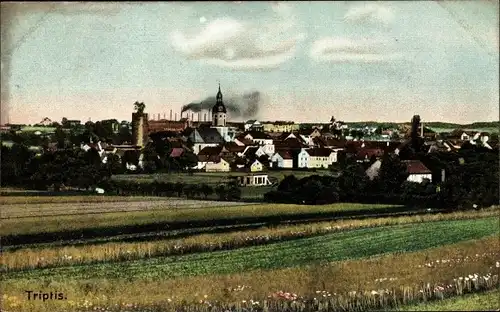 Ak Triptis in Thüringen, Stadtpanorama, Glockenturm, Felder, Gebäude